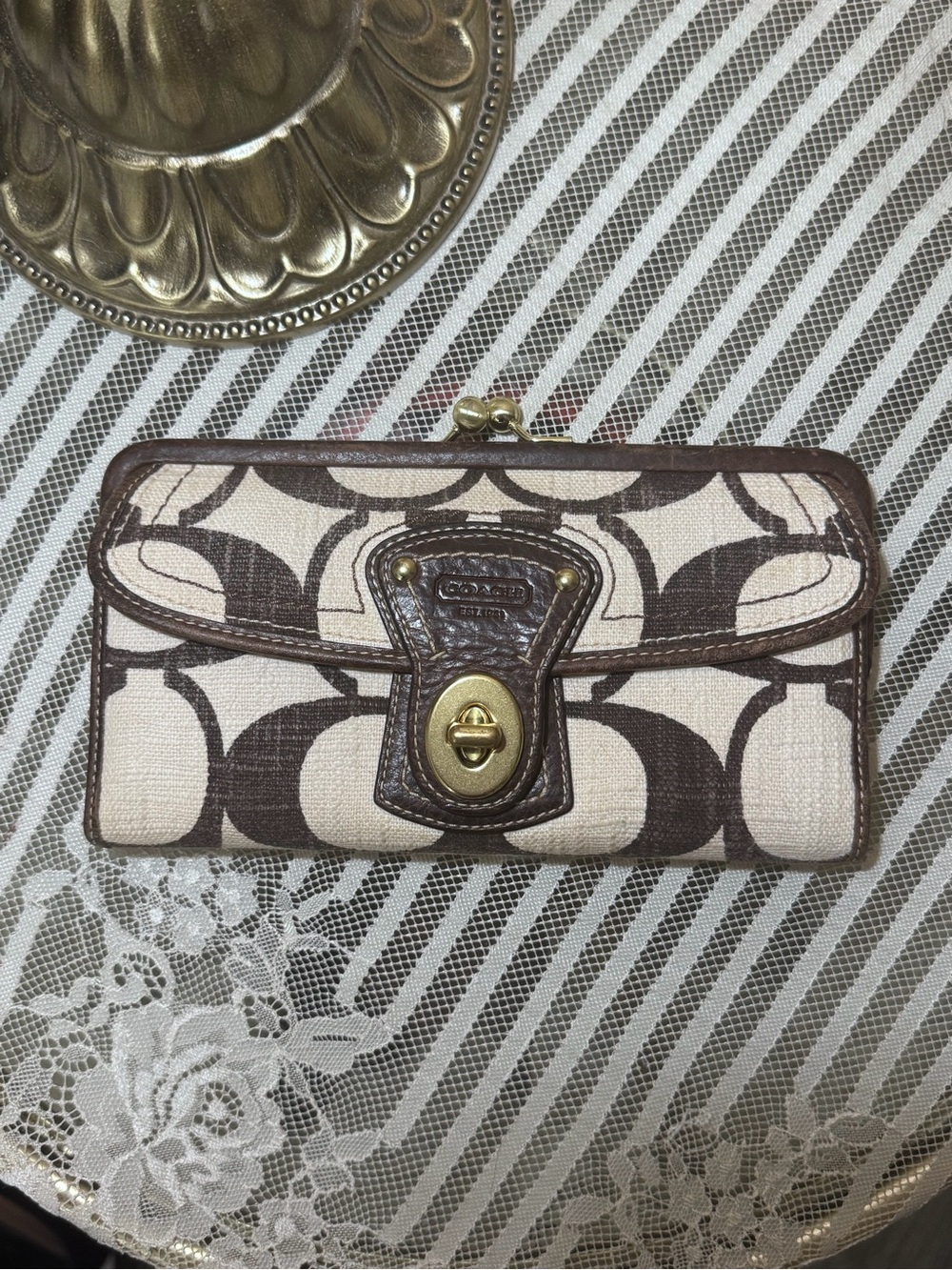 Coach Carly Linen Signature Canvas Brown and Cream Turnlock Wallet